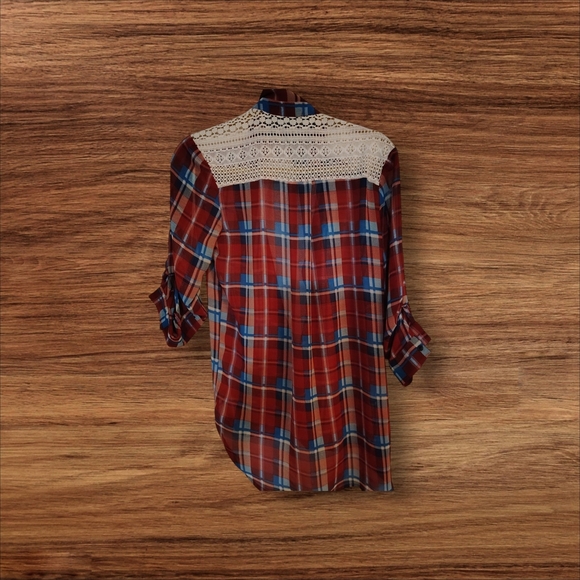 Men's Red Plaid Shirt with Lace Detail - Picture 2 of 16